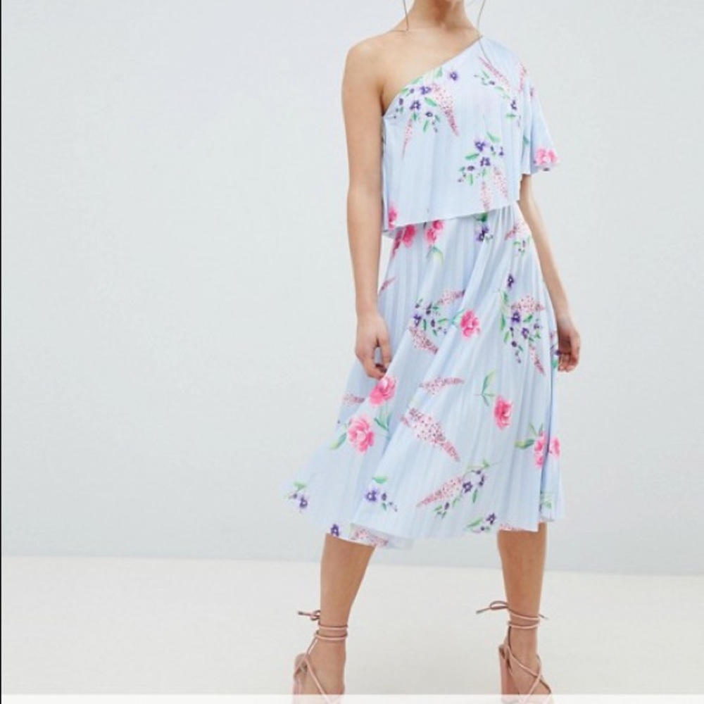 ASOS Petite Off Shoulder Floral Pleated Midi Dress